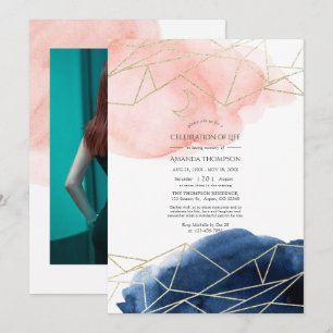 Convite Celebração da Vida em aquarela azul-marinho e rosa