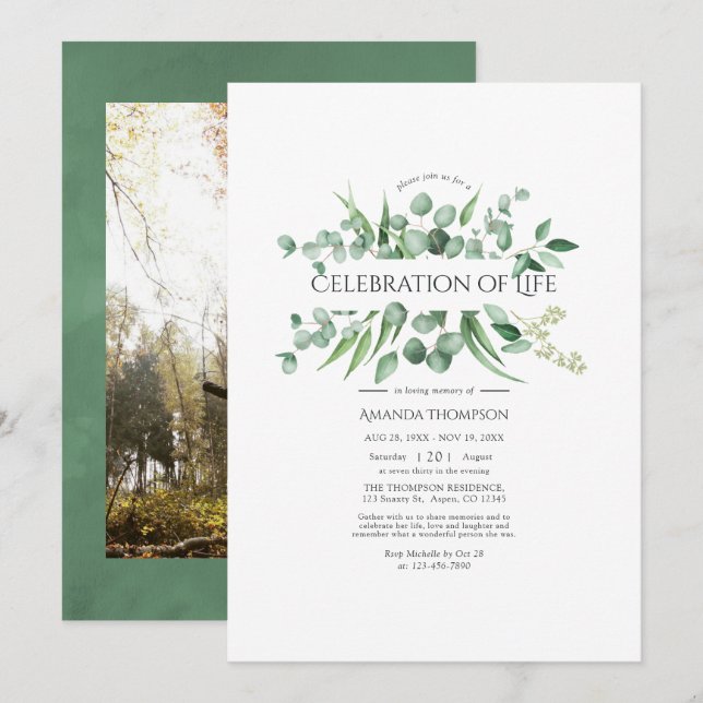 Convite Celebração da Vida em Aquarela com Eucalipto Verde (Frente/Verso)