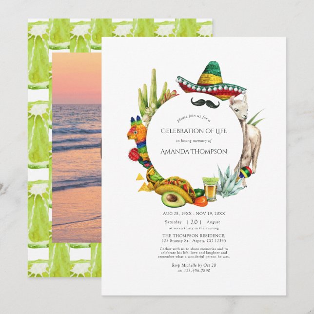 Convite Celebração da Vida em Aquarela Fiesta Mexicana (Frente/Verso)