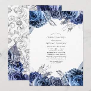 Convite Celebração da Vida em Azul Marinho e Floral Pratea