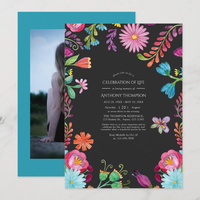 Convite Celebração da Vida em Floral Aquarela Fiesta (Frente/Verso)