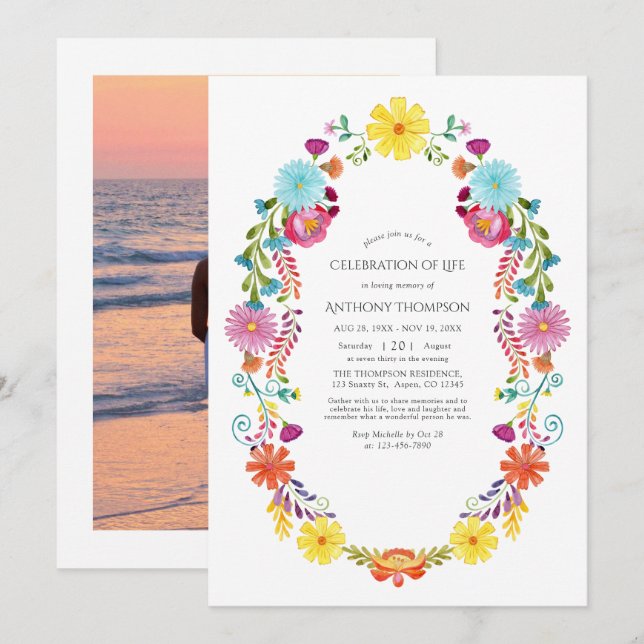 Convite Celebração da Vida em Floral Fiesta em Aquarela Fo (Frente/Verso)