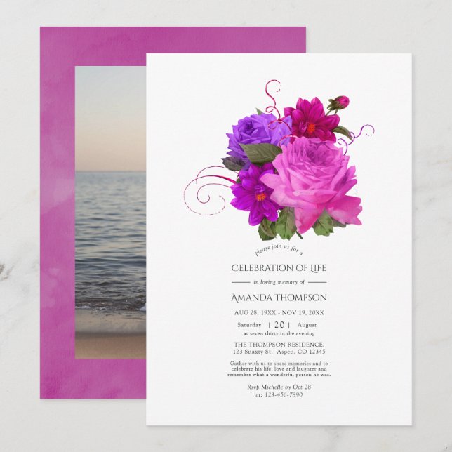 Convite Celebração da Vida em Fuchsia e Roxo Desgastado (Frente/Verso)