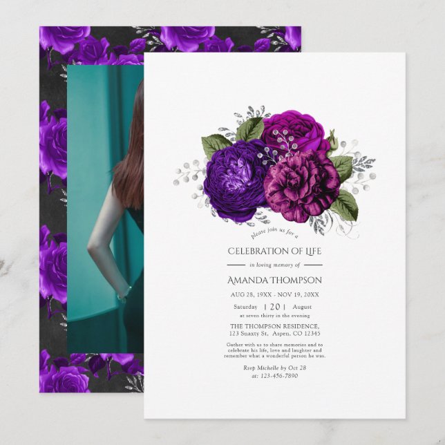Convite Celebração da Vida em Roxo Real e Floral Prateado (Frente/Verso)