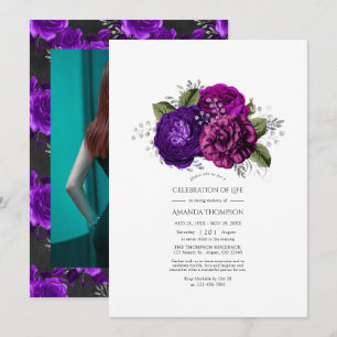 Convite Celebração da Vida em Roxo Real e Floral Prateado