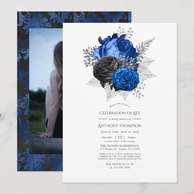 Convite Celebração da Vida Floral Azul, Preto e Prata (Frente/Verso)