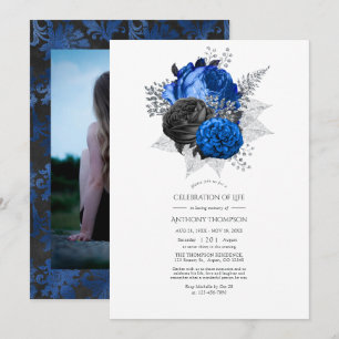 Convite Celebração da Vida Floral Azul, Preto e Prata