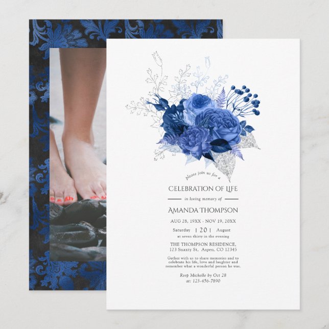 Convite Celebração da Vida Floral Azul Real e Prata (Frente/Verso)