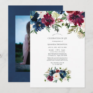 Convite Celebração da Vida Floral em Aquarela Bordo e Azul