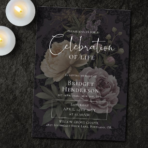 Convite Celebração da Vida Floral Funeral Sombrio Escuro