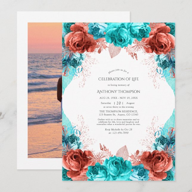 Convite Celebração da Vida Floral Turquesa e Coral (Frente/Verso)