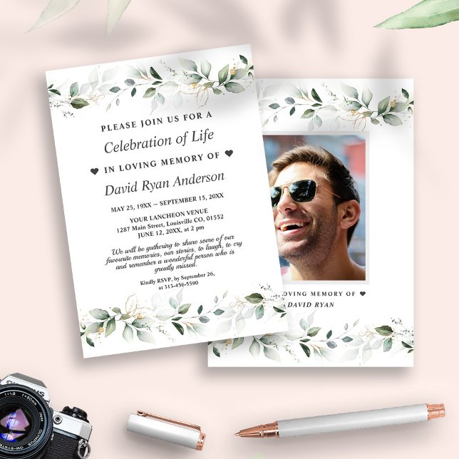 Convite Celebração da Vida Foto do Memorial Funeral (trendy greenery man celebrating the life invitation, elegant photo celebrating the life invite)