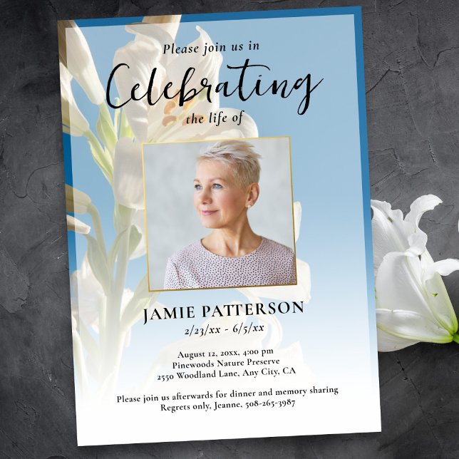 Convite Celebração da Vida Foto Funeral da Flor Lírio (Criador carregado)