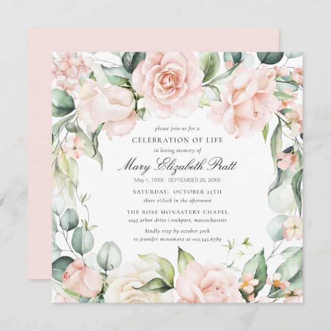 Convite Celebração da Vida Foto Funeral Rosa Rosa Rosa Flo (Frente/Verso)