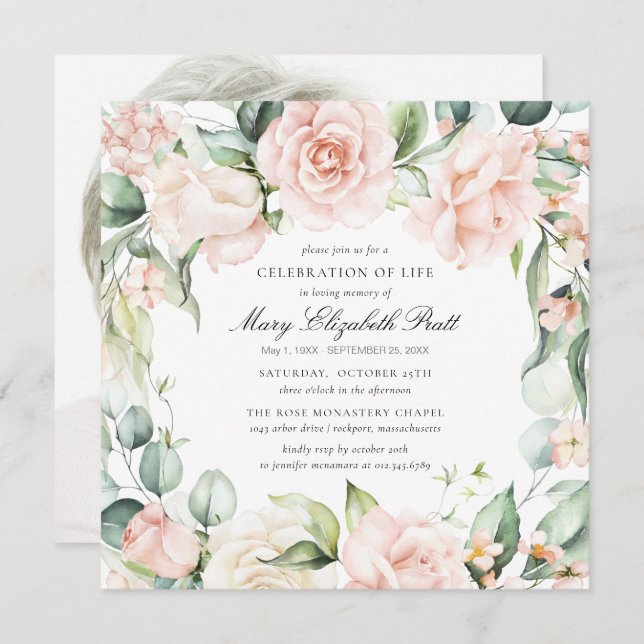 Convite Celebração da Vida Foto Funeral Rosa Rosa Rosa Flo (Frente/Verso)