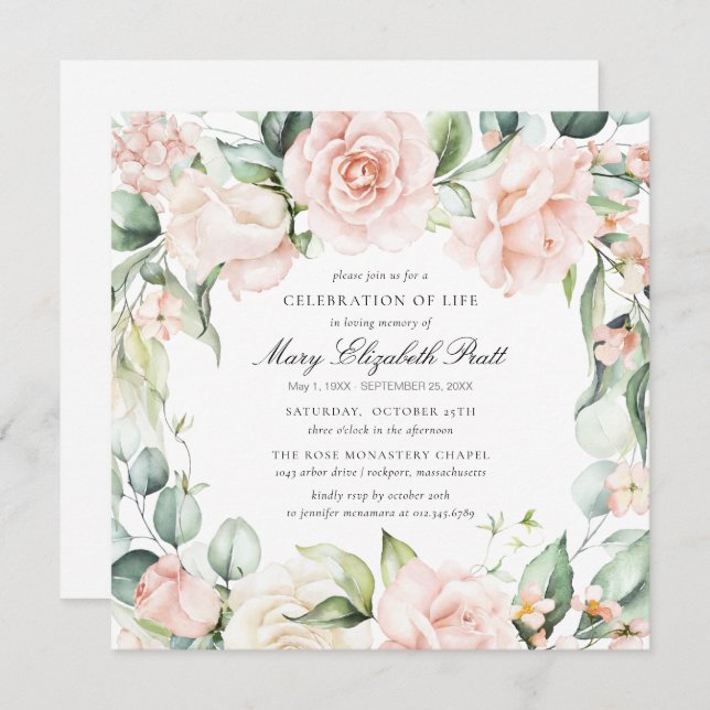 Convite Celebração da Vida Foto Funeral Rosa Rosa Rosa Flo (Frente/Verso)