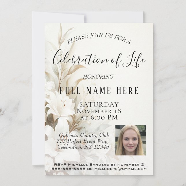 Convite Celebração da vida - Fotografias e Flores (Frente)