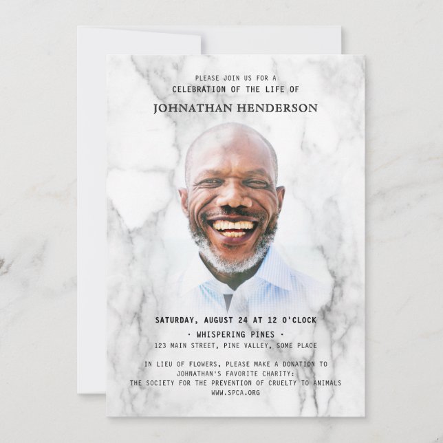 Convite Celebração da Vida / Funeral com Foto em Mármore M (Frente)