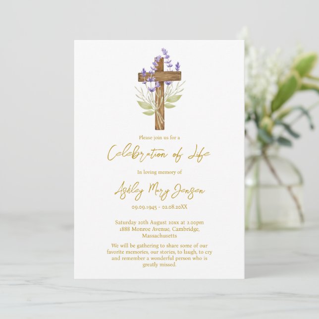 Convite Celebração da Vida Funeral Cruz de Lavanda (Em pé/Frente)