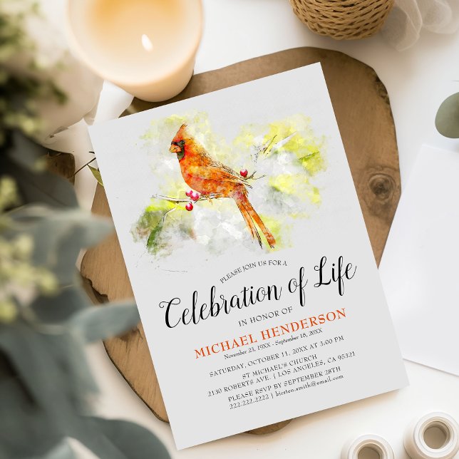 Convite Celebração da Vida Funeral de Aquarela Cardinal (Criador carregado)