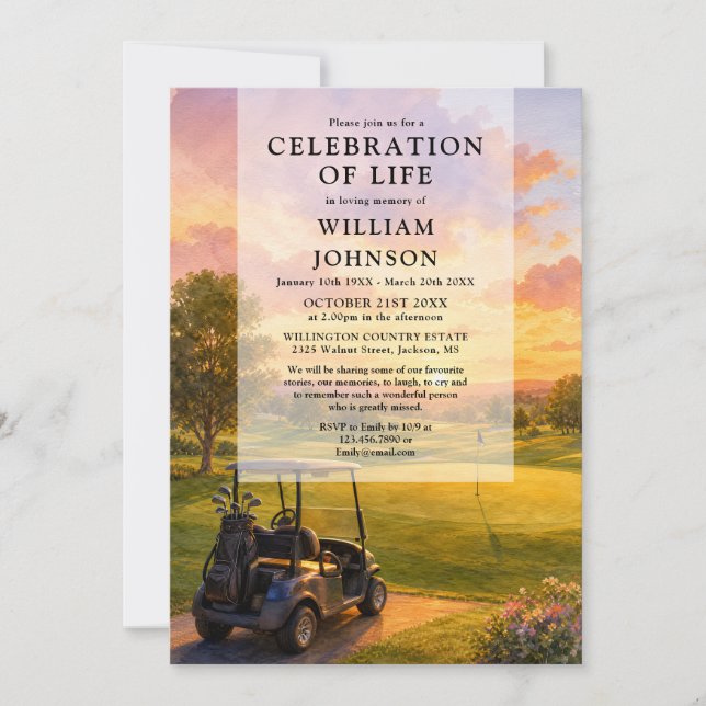 Convite Celebração da Vida Funeral de Carrinho de Golfe (Frente)