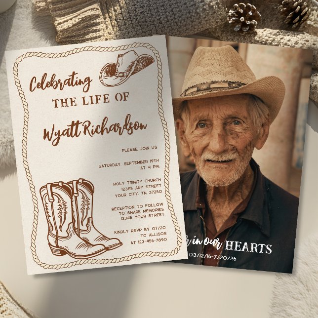 Convite Celebração da Vida Funeral de Cowboy Ocidental Fot (Criador carregado)
