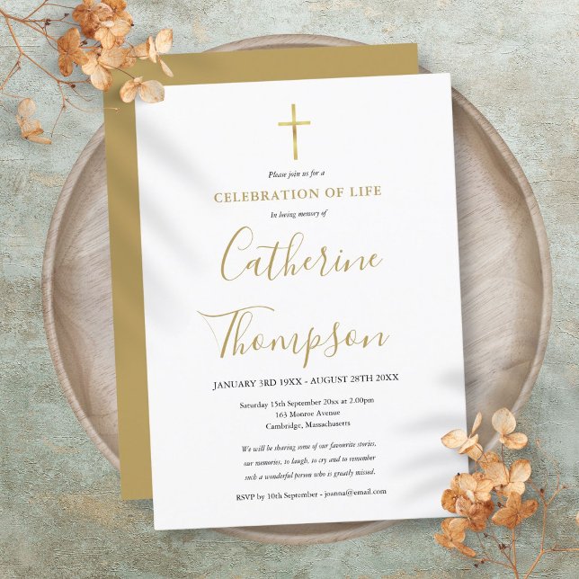 Convite Celebração da Vida Funeral em Letra Dourada (Gold Script Celebration of Life Funeral Invitation)