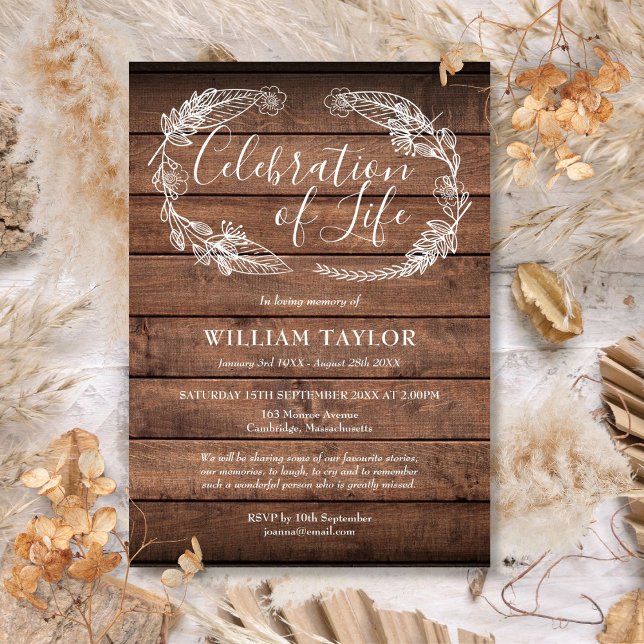 Convite Celebração da Vida Funeral em Madeira Rústica com  (Rustic Wood Foliage Celebration of Life Funeral Invitation)