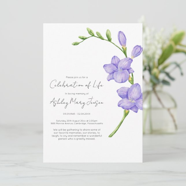 Convite Celebração da Vida Funeral Freesia (Em pé/Frente)