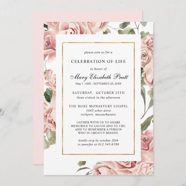 Convite Celebração da Vida Funeral Memorial Pink Floral I (Frente/Verso)