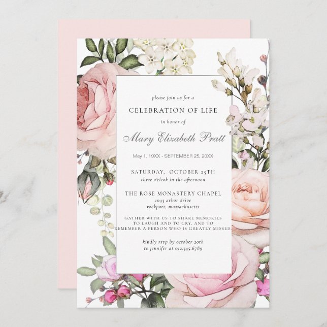 Convite Celebração da Vida Funeral Memorial Pink Floral I (Frente/Verso)