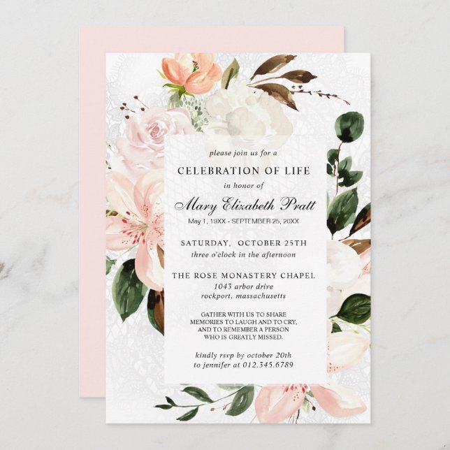 Convite Celebração da Vida Funeral Memorial Pink Floral I (Frente/Verso)