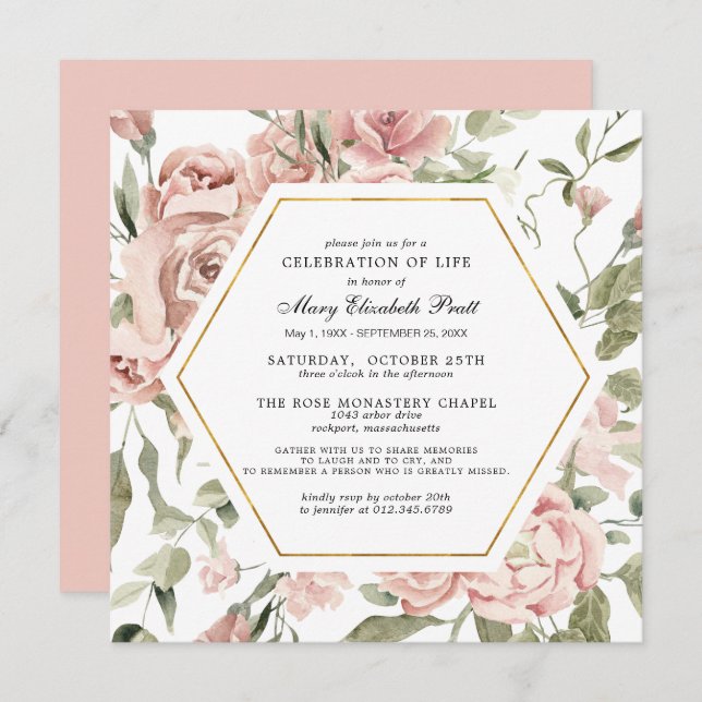 Convite Celebração da Vida Funeral Memorial Pink Floral I (Frente/Verso)