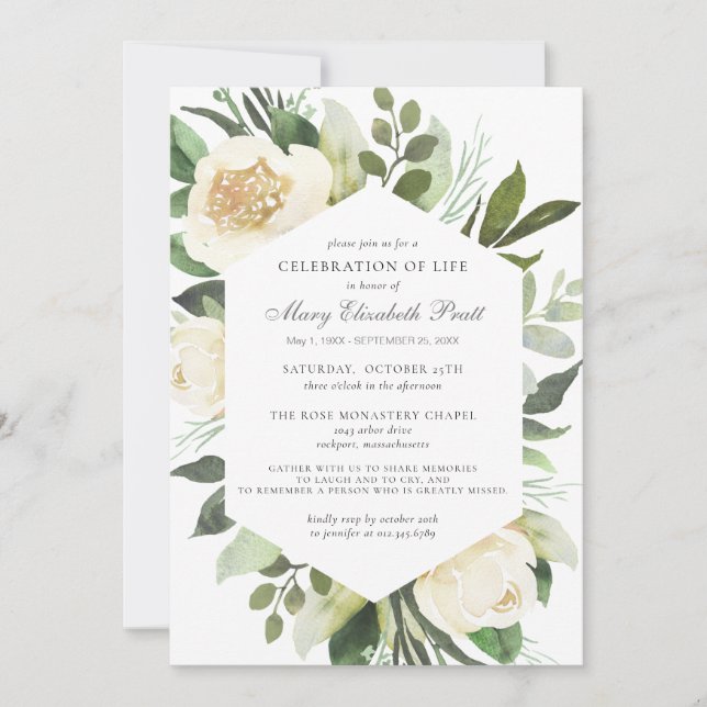 Convite Celebração da Vida Funeral Memorial White Floral (Frente)