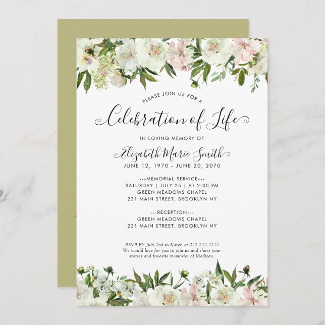 Convite Celebração da Vida Funeral Memorial White Floral (Frente/Verso)