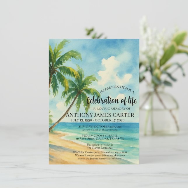 Convite Celebração da Vida Funeral na Praia Tropical (Em pé/Frente)