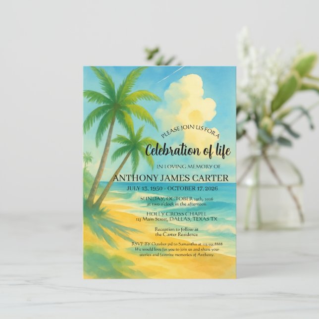 Convite Celebração da Vida Funeral na Praia Tropical (Em pé/Frente)