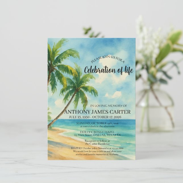 Convite Celebração da Vida Funeral na Praia Tropical (Em pé/Frente)