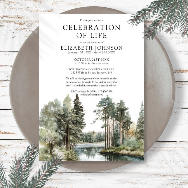 Convite Celebração da Vida Funeral no Lago da Floresta (Woodland Forest Lake Celebration Of Life Funeral Invitation)