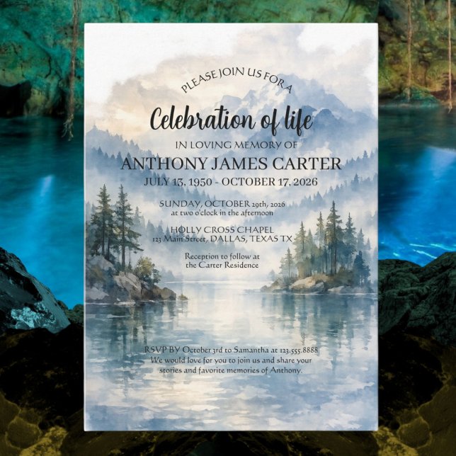 Convite Celebração da Vida Funeral no Lago Misty Mountain (Criador carregado)