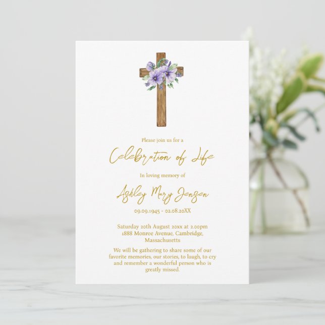 Convite Celebração da Vida Funeral Pansy Cross (Em pé/Frente)