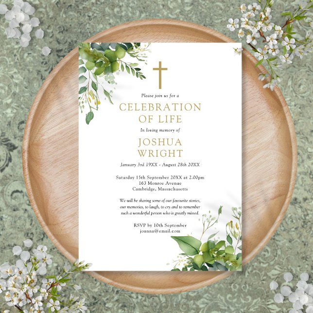 Convite Celebração Da Vida Funeral Por Christian Greeneren (Christian Greenery Celebration Of Life Funeral Invitation)