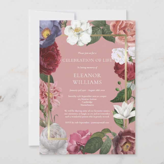 Convite Celebração da Vida Funeral Rosa Floral Dourada (Frente)