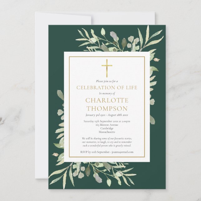 Convite Celebração da Vida Funeral Verde Esmeralda Dourada (Frente)