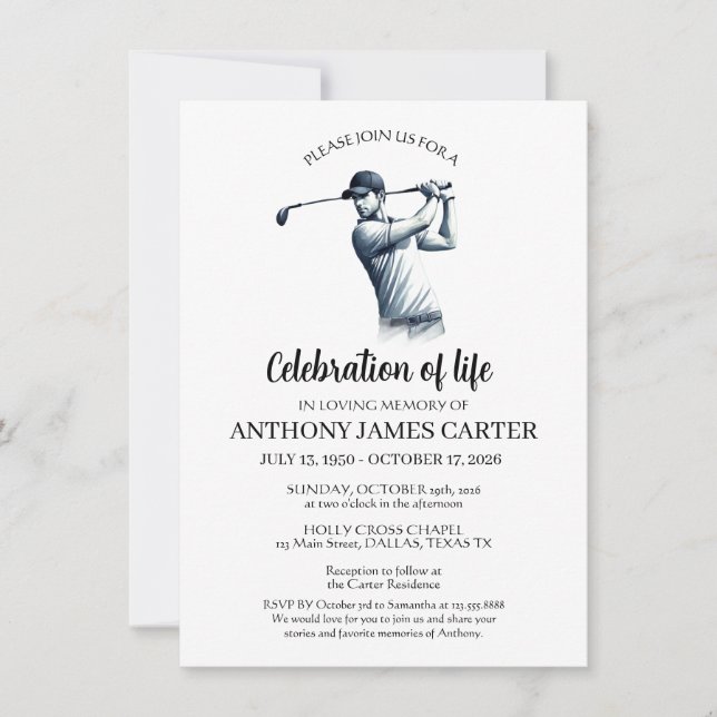 Convite Celebração da Vida Golfista Funeral de Golfe  (Frente)