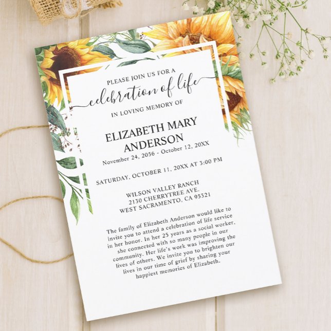 Convite Celebração da Vida Memorial Funeral Sunflower (Criador carregado)