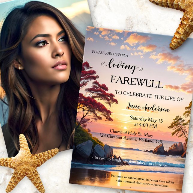 Convite Celebração da Vida na Praia Sunset (Celebration of life, memorial or funeral service photo invitation featuring a sunset on the beach)