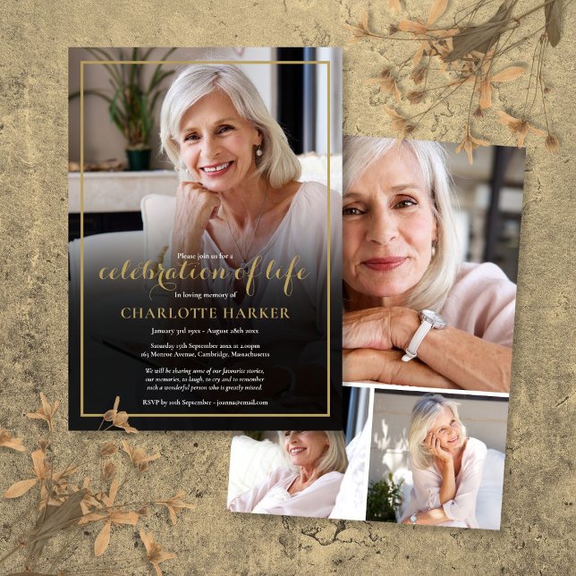 Convite Celebração da Vida pela Colagem de Fotos Funeral M (Modern Funeral Photo Collage Celebration of Life Invitation)