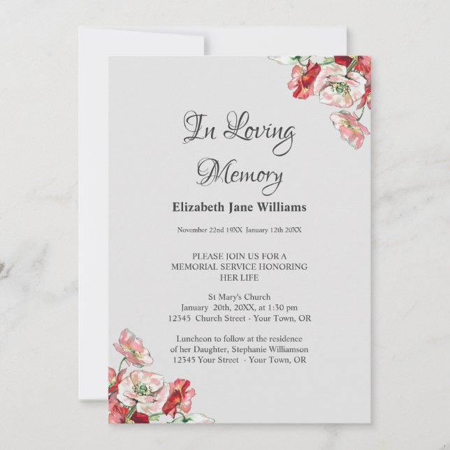 Convite Celebração da Vida pelo Serviço Memorial | Poppy (Frente)