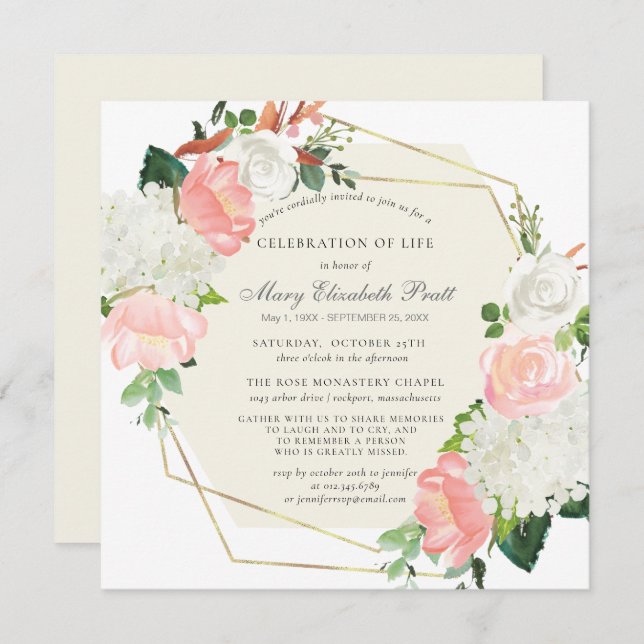 Convite Celebração da Vida Rosa Branca Rosa Funeral Floral (Frente/Verso)
